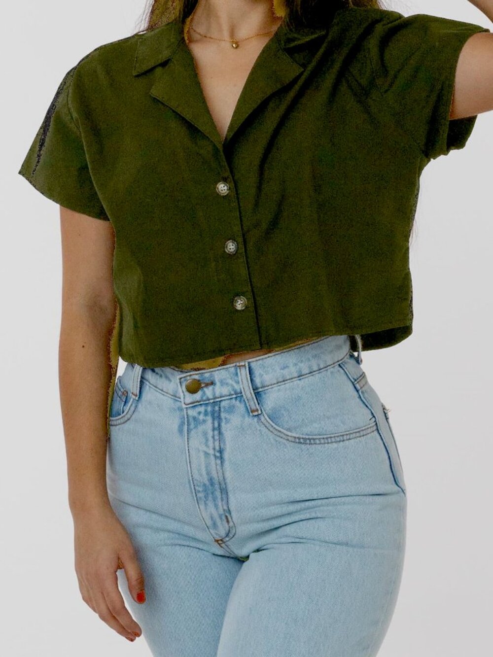 Morrisday Olive Linen Blend Button Up Super Cropped Boxy Camp Collar Top S